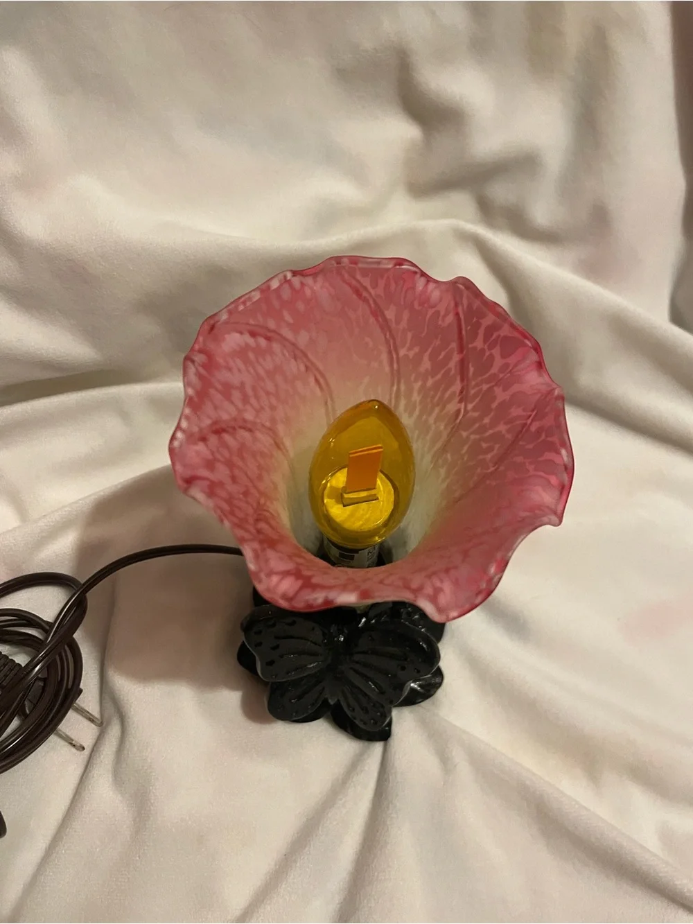 Art Glass Pink Ombre Tulip Table Lamp with Black Butterfly Base